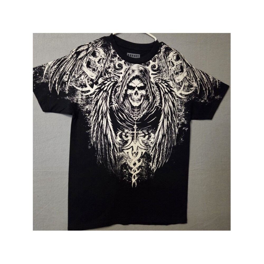 Men's BOXSET Graphic Skull T-Shirt, Black and White medium